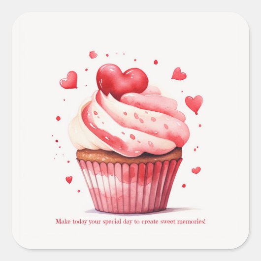 Red Hearts Sweet Cupcake Valentine Day Card Quadratischer Aufkleber (Vorderseite)