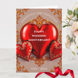 Red Hearts und Gold Schnörkel Hochzeitstag Karte