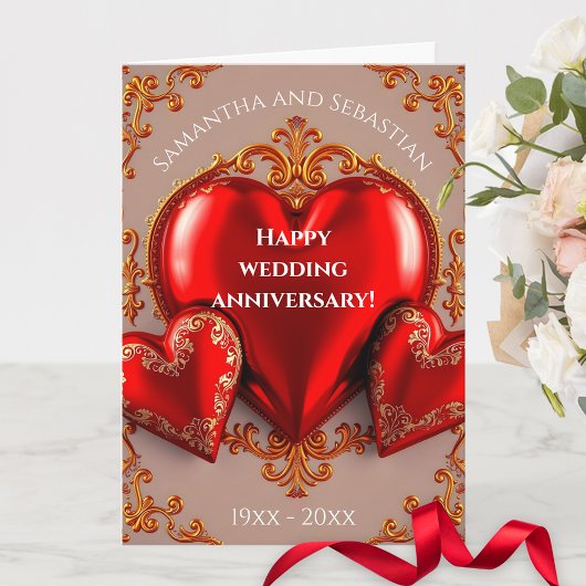 Red Hearts und Gold Schnörkel Hochzeitstag Karte