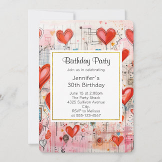 Red Hearts Whimsical Liebe Muster Geburtstag Einladung