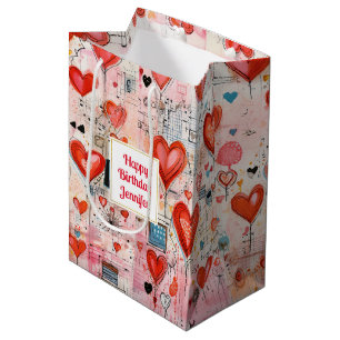 Red Hearts Whimsical Liebe Muster Geburtstag Mittlere Geschenktüte