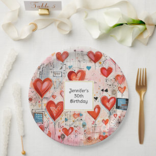 Red Hearts Whimsical Liebe Muster Geburtstag Pappteller