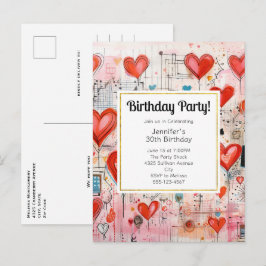 Red Hearts Whimsical Liebe Pattern Birthday Einlad Einladungspostkarte