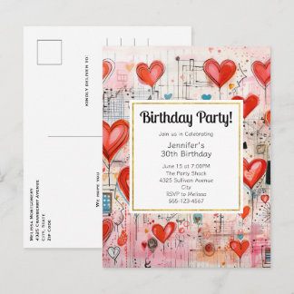 Red Hearts Whimsical Liebe Pattern Birthday Einlad Einladungspostkarte