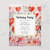 Red Hearts Whimsical Liebe Pattern Birthday Einlad Einladungspostkarte (Vorderseite)