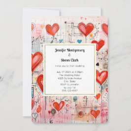 Red Hearts Whimsical Liebe Pattern Hochzeit Einladung