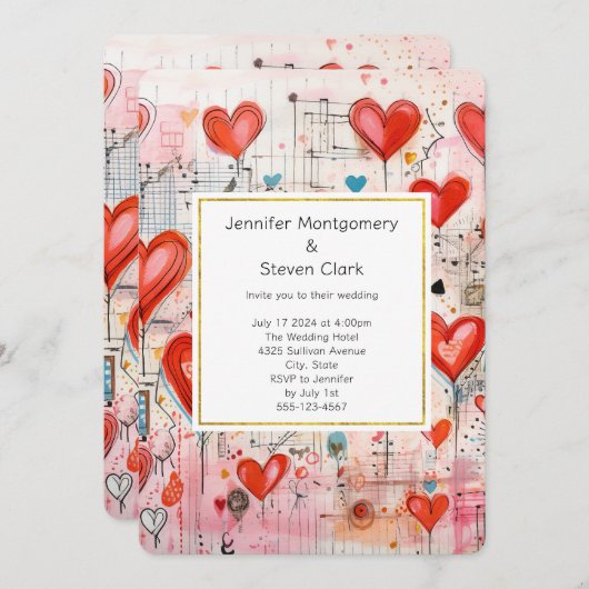 Red Hearts Whimsical Liebe Pattern Hochzeit Einladung (Vorne/Hinten)