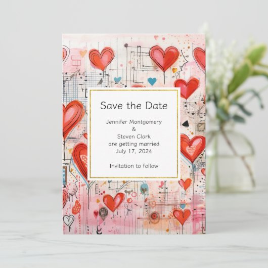 Red Hearts Whimsical Liebe Pattern Hochzeit Save The Date (Stehend Vorderseite)