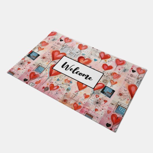 Red Hearts Whimsical Liebe Pattern Willkommen Fußmatte (Schrägansicht)