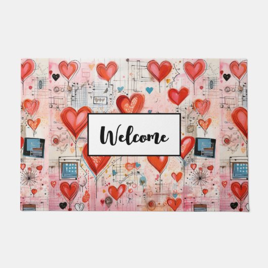 Red Hearts Whimsical Liebe Pattern Willkommen Fußmatte (Vorderseite)