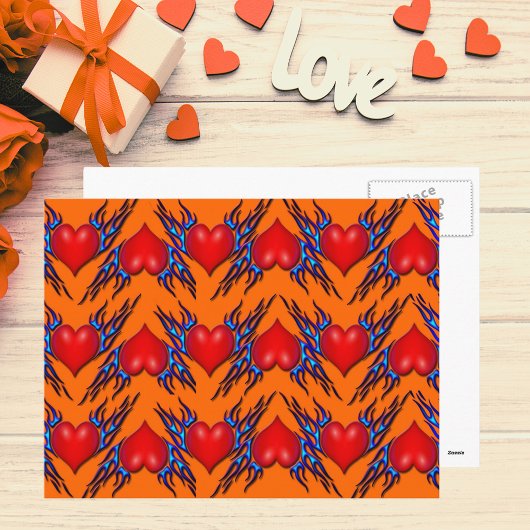 Red Hearts with Blue Flame in Pattern Postcard Postkarte