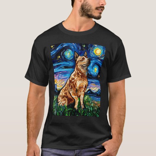 Red Heeler Starry Night Cattle Hund Farbenfrohe Ku T-Shirt (Vorderseite)