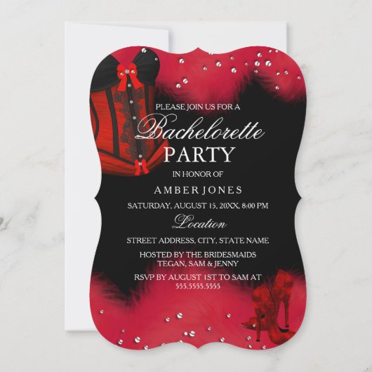 Red Heelses Feather Lace Corset Junggeselinnen-Abs Einladung (Rückseite)