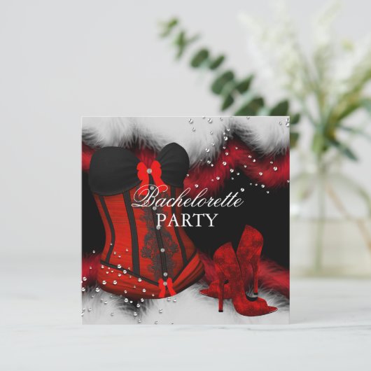 Red Heelses Feather Lace Corset Junggeselinnen-Abs Einladung (Stehend Vorderseite)
