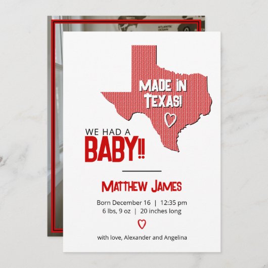 Red Herringbone Made in Texas Foto Baby Ankündigung (Vorne/Hinten)