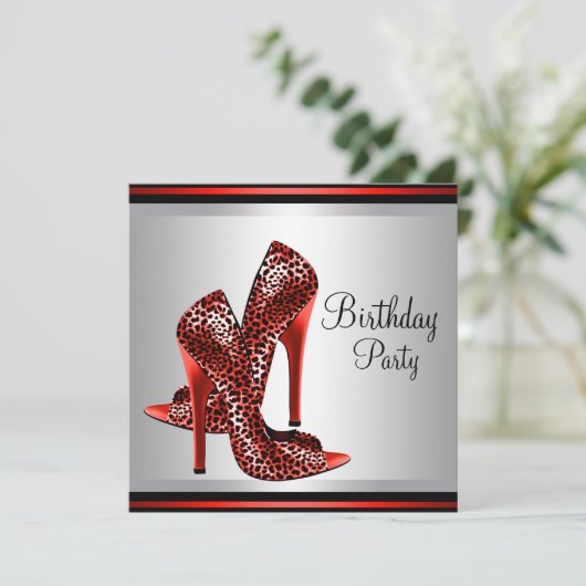 Red High Heel Shoes Red Black Birthday Party Einladung (Stehend Vorderseite)