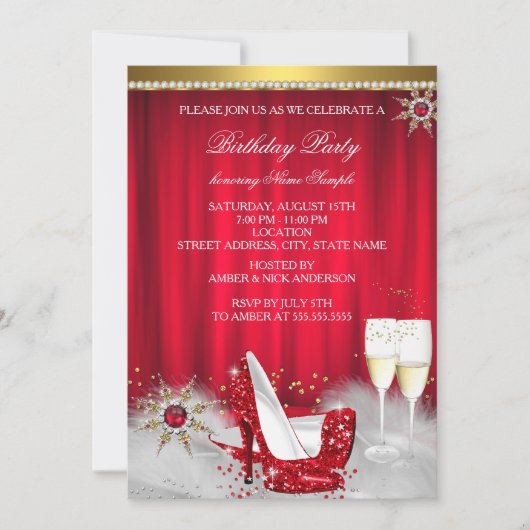 Red High Heel Snowflake Gold Champagner Einladung (Vorderseite)