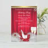 Red High Heel Snowflake Gold Champagner Einladung (Stehend Vorderseite)