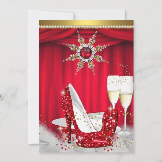 Red High Heel Snowflake Gold Champagner Einladung (Rückseite)