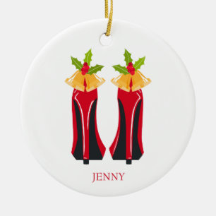 Red High Heels mit Weihnachtsglocken Keramik Ornament