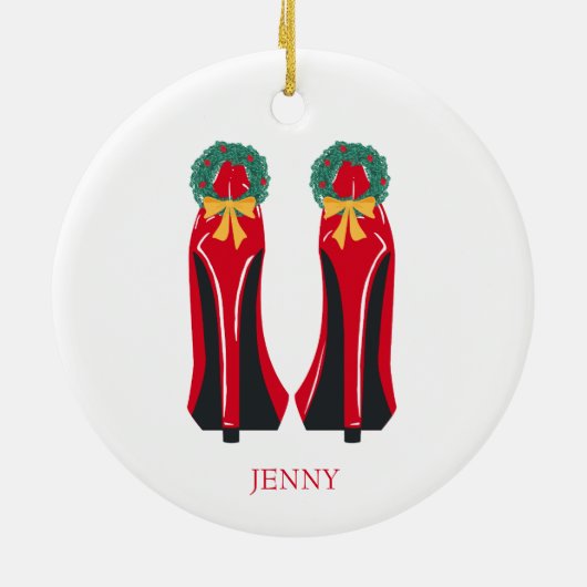 Red High Heels mit Weihnachtskränzen Keramik Ornament (Hinten)