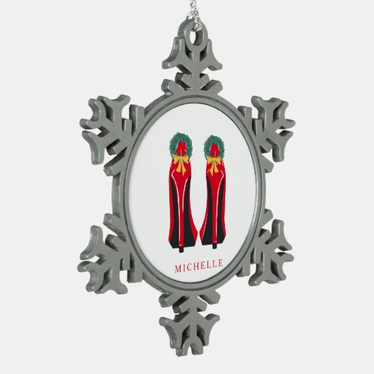 Red High Heels mit Weihnachtskränzen Schneeflocken Zinn-Ornament (Links)