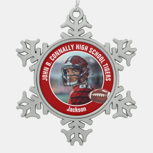 Red High School Football Foto Custom Schneeflocken Zinn-Ornament (Vorderseite)
