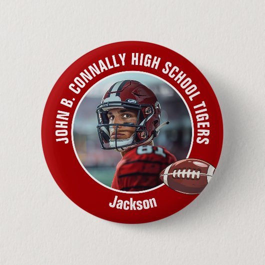 Red High School Football Player Foto Button (Vorderseite)