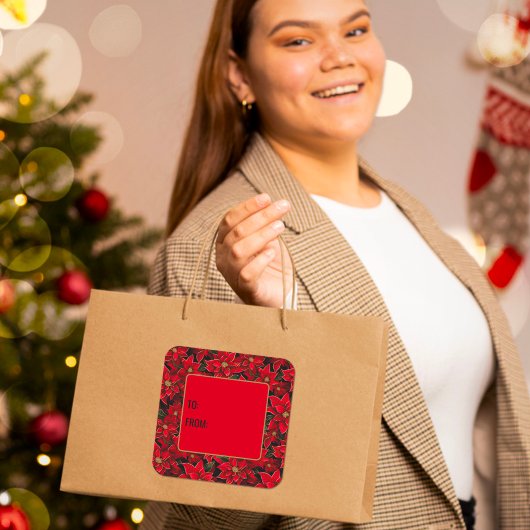 Red Holiday Christmas Poinsettia Geschenk Tag Quadratischer Aufkleber