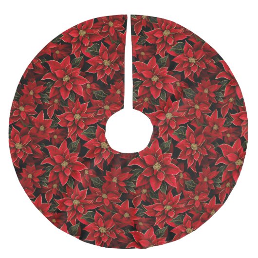 Red Holiday Christmas Poinsettia Pattern Polyester Weihnachtsbaumdecke (Vorderseite)