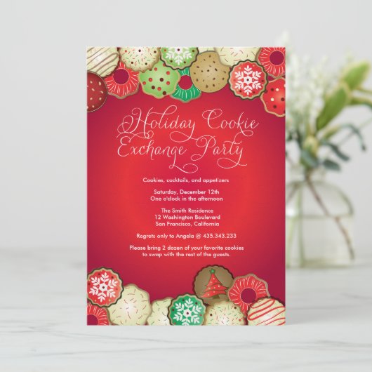 Red Holiday Cookie Exchange Party Einladung (Stehend Vorderseite)