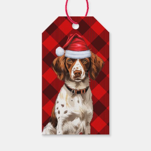Red Holiday Kariert Brittany Spaniel Weihnachten Geschenkanhänger (Vorderseite)