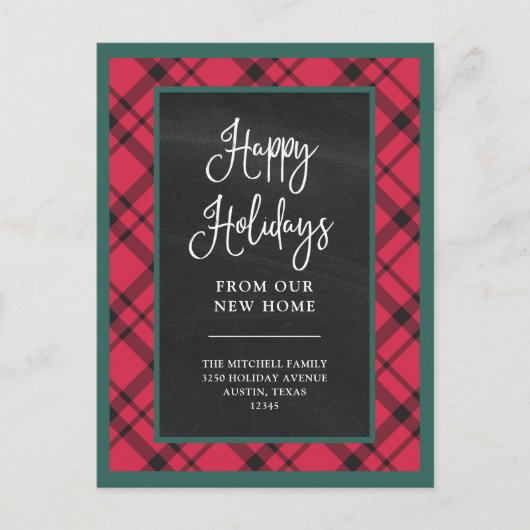 Red Holiday Kariert | Neue Ankündigung zum Zuhause Postkarte (Vorderseite)