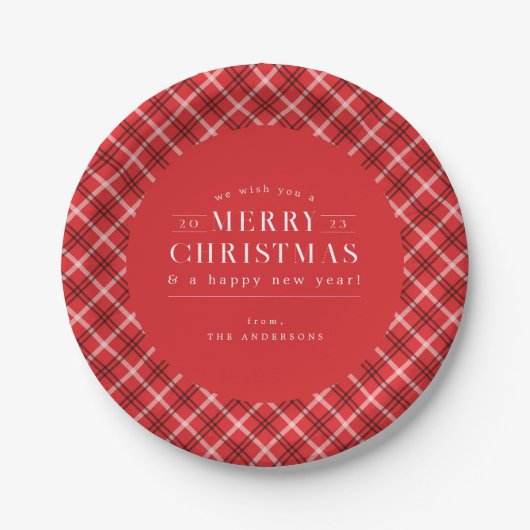 Red Holiday Plaid Christmas Pappteller (Vorderseite)