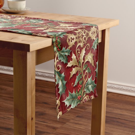 Red Holiday Table Runner von Gold Green Blätter Mittelgroßer Tischläufer (Beispiel)