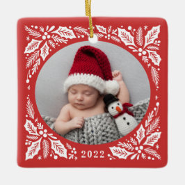 Red Holly 2 Foto mit Jahr Weihnachten Keramikornament