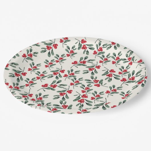 Red Holly beries Green mistletoe Blätter Pappteller (Schrägansicht)