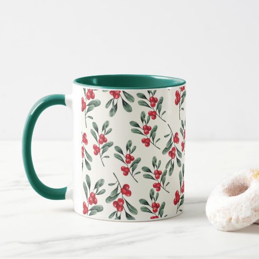 Red Holly beries Green mistletoe Blätter Tasse (Mit Donut)