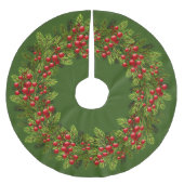 Red Holly Berries Green Pine Tree Needles Motif Polyester Weihnachtsbaumdecke (Vorderseite)