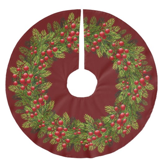 Red Holly Berries Green Pine Tree Needles Motif Polyester Weihnachtsbaumdecke (Vorderseite)