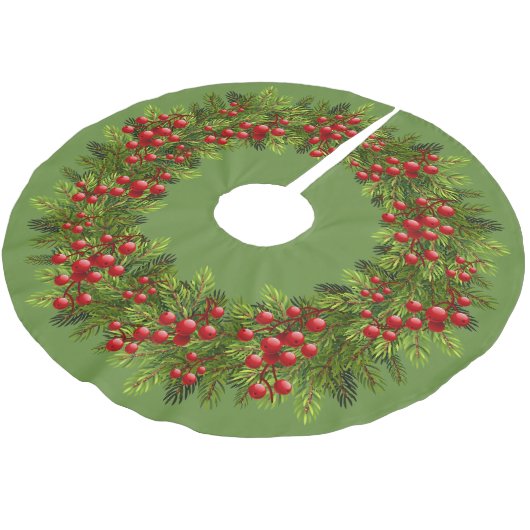 Red Holly Berries Green Pine Tree Needles Motif Polyester Weihnachtsbaumdecke (Schrägansicht)