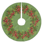 Red Holly Berries Green Pine Tree Needles Motif Polyester Weihnachtsbaumdecke (Vorderseite)