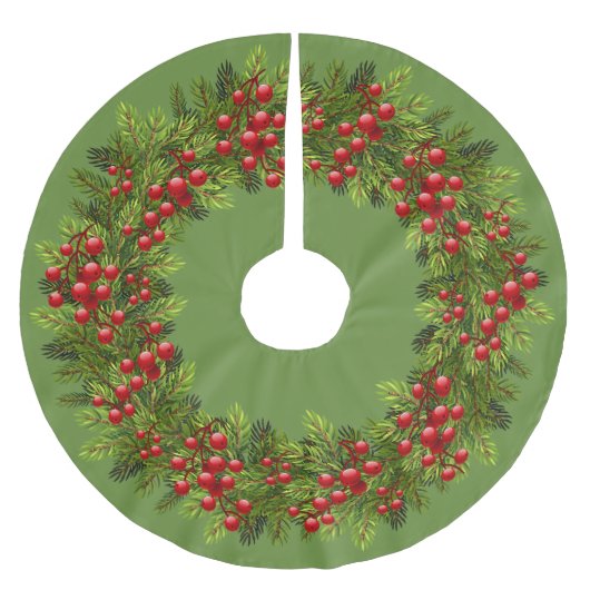 Red Holly Berries Green Pine Tree Needles Motif Polyester Weihnachtsbaumdecke (Vorderseite)