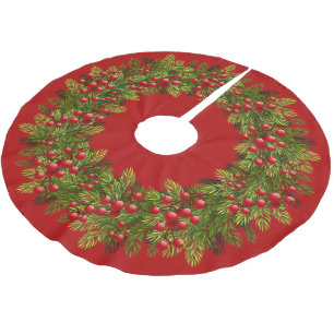 Red Holly Berries Green Pine Tree Needles Motif Polyester Weihnachtsbaumdecke