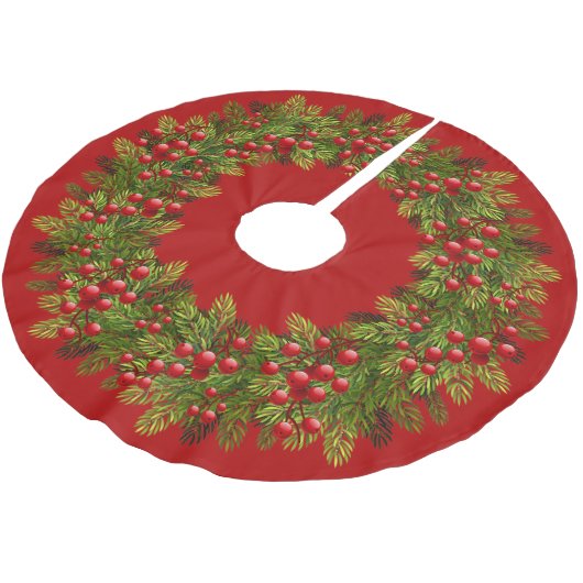 Red Holly Berries Green Pine Tree Needles Motif Polyester Weihnachtsbaumdecke (Schrägansicht)