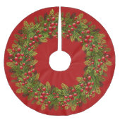 Red Holly Berries Green Pine Tree Needles Motif Polyester Weihnachtsbaumdecke (Vorderseite)
