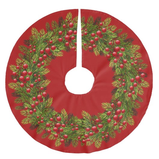 Red Holly Berries Green Pine Tree Needles Motif Polyester Weihnachtsbaumdecke (Vorderseite)