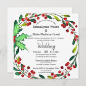 Red Holly Berries Green Wreath White Wedding Einladung (Vorne/Hinten)