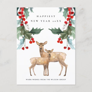 RED HOLLY BERRY DEER DUO NEW YEAR CORPORATE LOGO FEIERTAGSPOSTKARTE