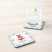Red Holly Blue Snowflakes Christmas Monogram Getränkeuntersetzer (Rechte Seite)